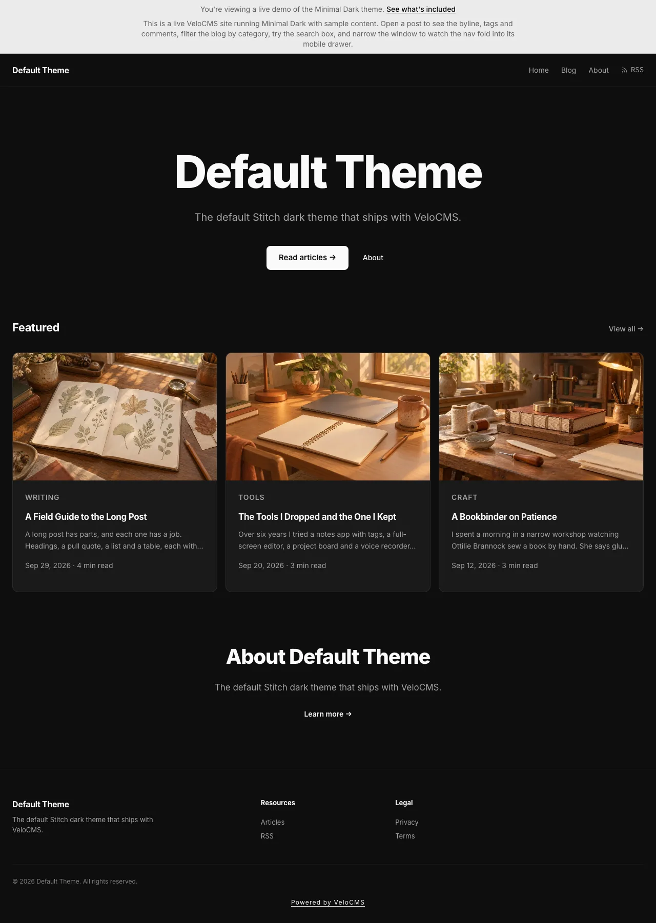 The full home page of the demo-default.velocms.org demo blog, running the Minimal Dark theme