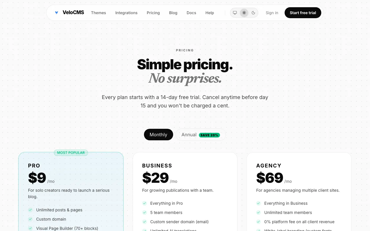 The VeloCMS pricing page showing the Pro, Business and Agency plans