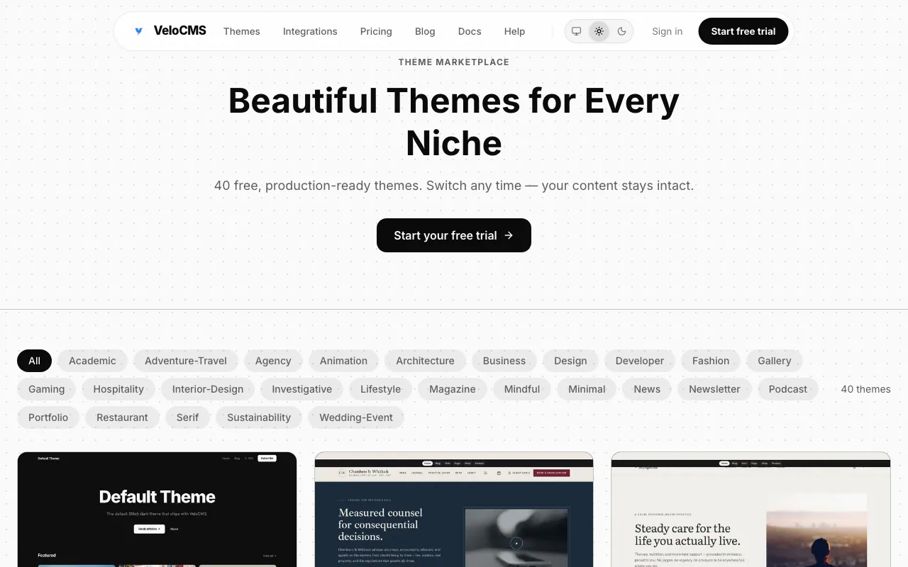 The VeloCMS theme marketplace grid with live previews