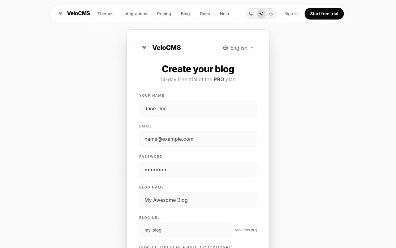 The VeloCMS signup form with fields for name, email, password, blog name and blog URL